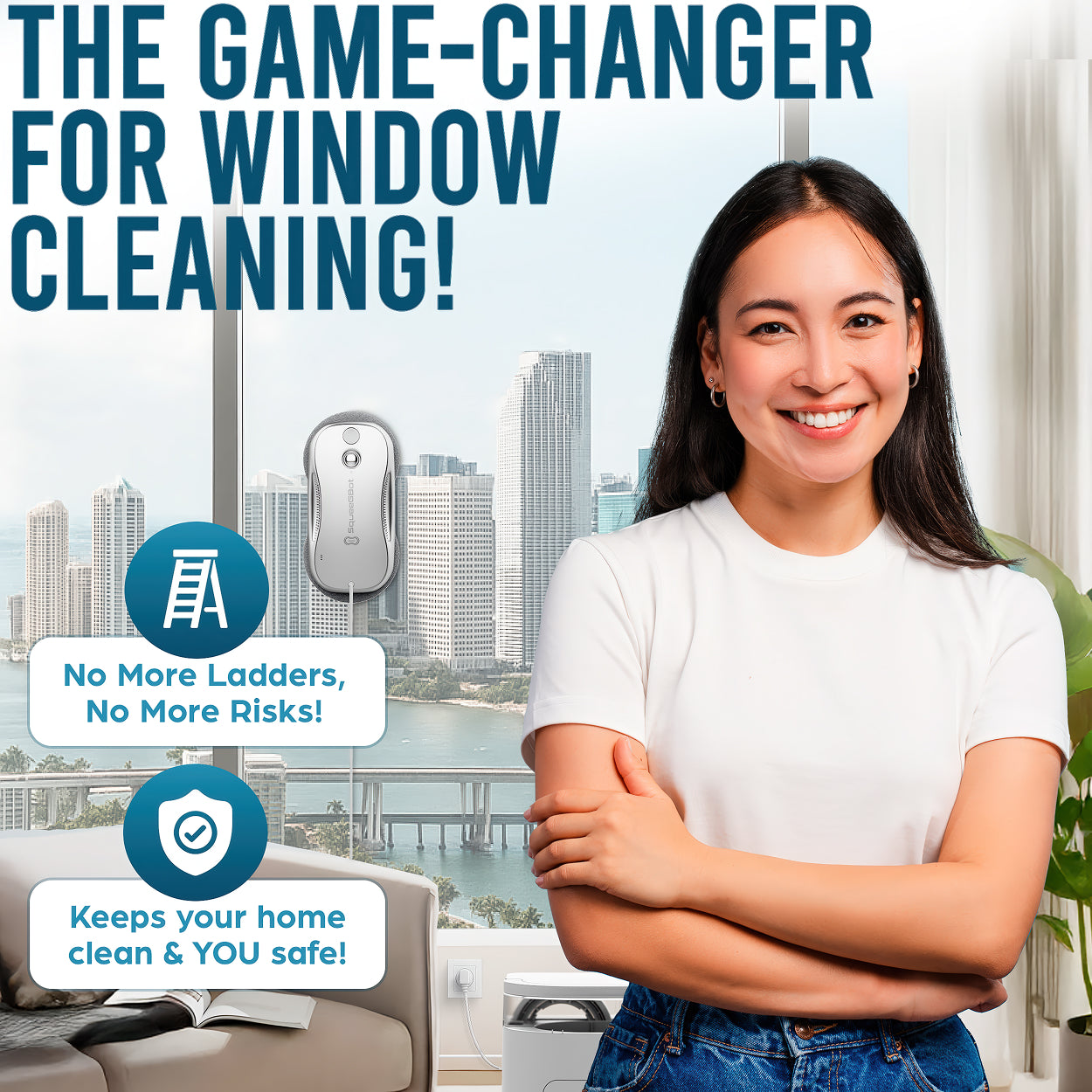 Woman standing in a living room with text about window cleaning equipment, cityscape in the background.
window cleaning robot, robot window cleaner, window cleaner robot, electric window cleaner, automatic window cleaner, window washer robot, window robot cleaner, automatic window cleaner