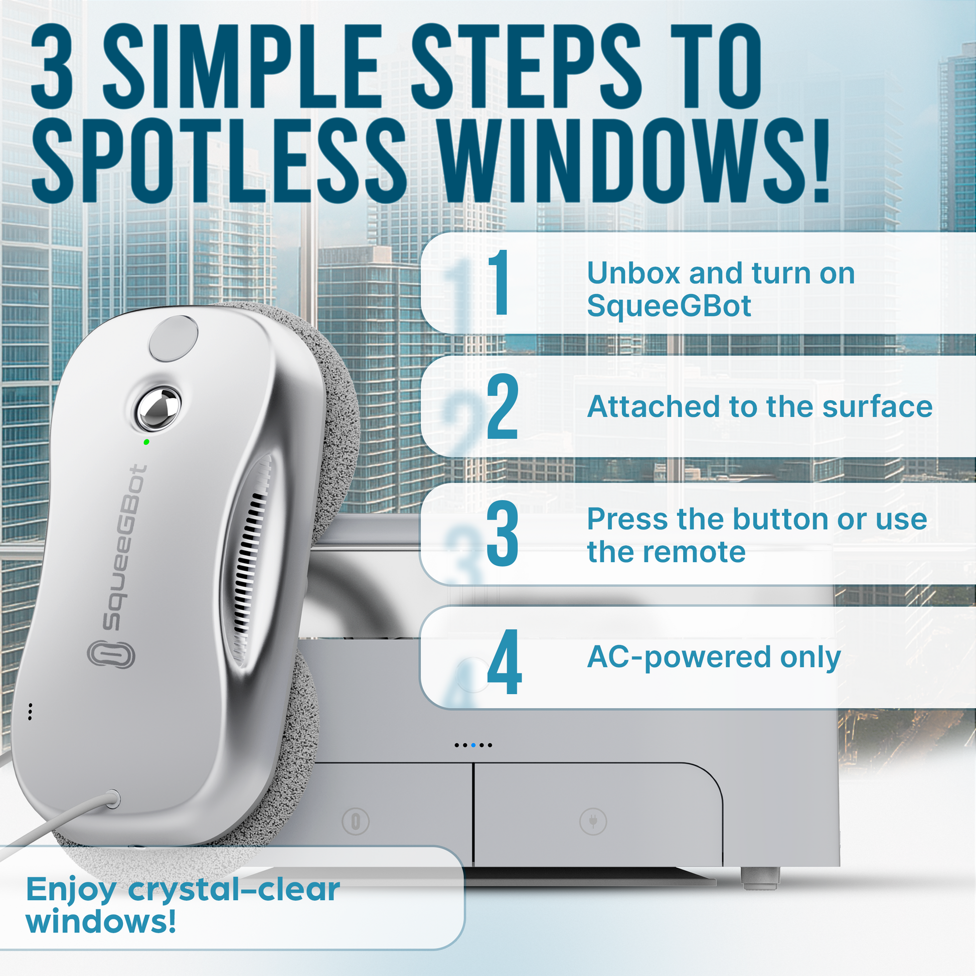 SqueeGBot window cleaning device with instructions on a cityscape background